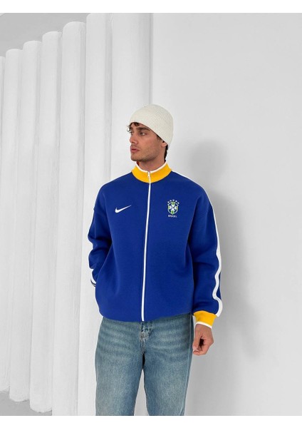 Brezilya Siyah/mavi Fermuarlı Cepli Oversize Pamuklu Hırka