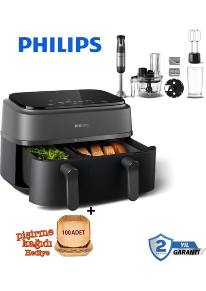 8 Ön Ayar ile Kullanım Kolaylığı Tavuk, Et, Sebze, Kek, Dondurulmuş Gıda ve Yeniden Isıtma Gibi Mod 6+3 Litre 3000 Serisi Çift Hazneli Airfryer & Fritöz + Philips Blendır
