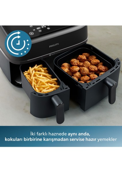 8 Ön Ayar ile Kullanım Kolaylığı Tavuk, Et, Sebze, Kek, Dondurulmuş Gıda ve Yeniden Isıtma Gibi Mod 6+3 Litre 3000 Serisi Çift Hazneli Airfryer & Fritöz + Philips Blendır modelleri