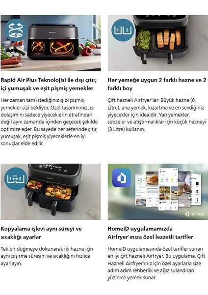 8 Ön Ayar ile Kullanım Kolaylığı Tavuk, Et, Sebze, Kek, Dondurulmuş Gıda ve Yeniden Isıtma Gibi Mod 6+3 Litre 3000 Serisi Çift Hazneli Airfryer & Fritöz + Philips Blendır