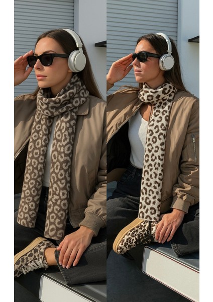 Kadın Leopar Desenli Çift Taraflı Triko Atkı