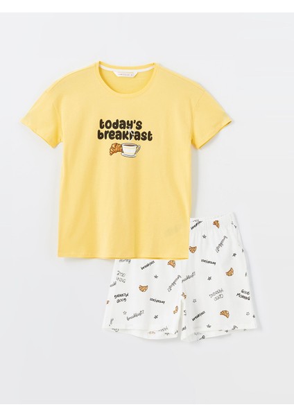 Yeni Sezon Bisiklet Yaka Baskılı Kısa Kollu Kadın Şortlu Pijama Takımı indirimleri