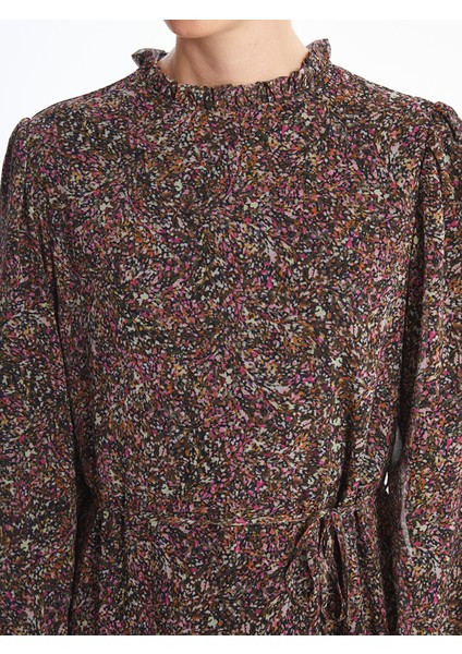 Yeni Sezon Dik Yaka Desenli Uzun Kollu Elbise modelleri