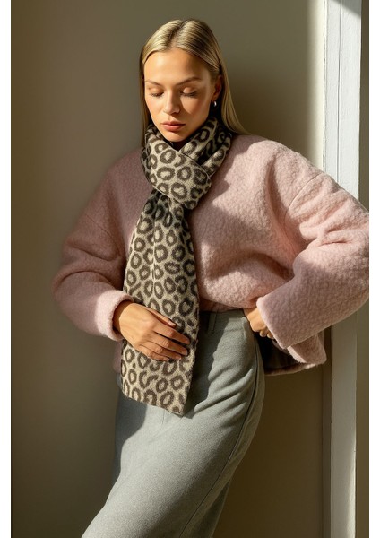 Kadın Leopar Desenli Çift Taraflı Triko Atkı