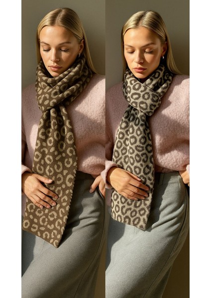 Kadın Leopar Desenli Çift Taraflı Triko Atkı modelleri