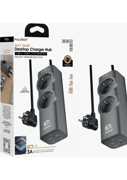 Akım Korumalı Priz, Güç Şeridi, 67W Gan Hızlı Şarj Adaptörü, Tam Zamanlı 6 Bağlantı Noktası, 2x Priz Girişi, 1x USB Girişi, 3x Type-C Girişi,yüksek Verimlilik