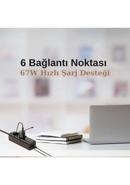 Akım Korumalı Priz, Güç Şeridi, 67W Gan Hızlı Şarj Adaptörü, Tam Zamanlı 6 Bağlantı Noktası, 2x Priz Girişi, 1x USB Girişi, 3x Type-C Girişi,yüksek Verimlilik