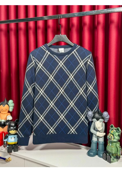 Lacivert Desenli Erkek Triko Kazak - Burberry Özel Seri Ürün