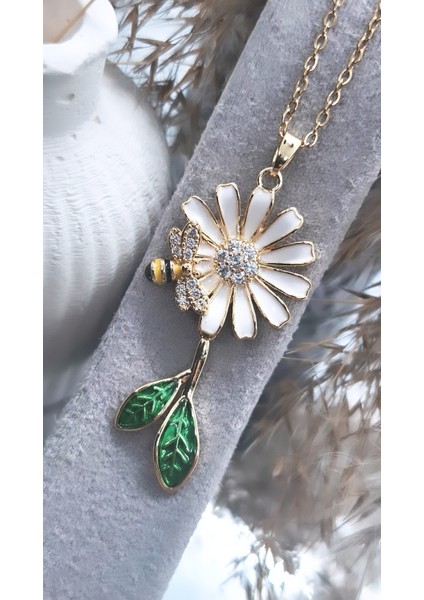 Yapraklı Papatya Arı Çelik Kolye