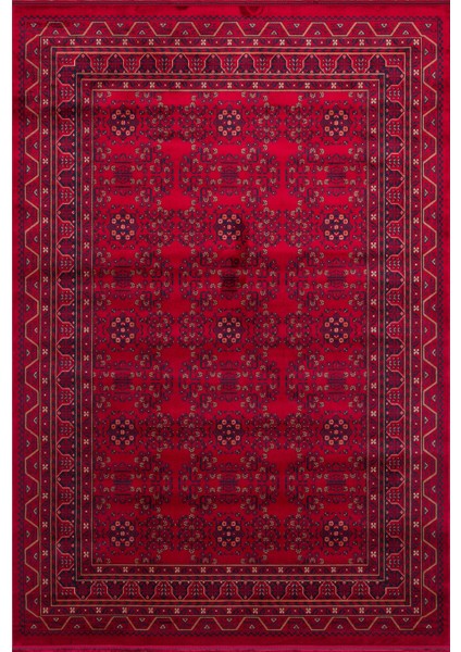 Buhara 04 Red Afgan Desenli Viskon ile Üretilen Parlak ve Yumuşak Doku, Tabanı Kaydırmaz Ince Halı