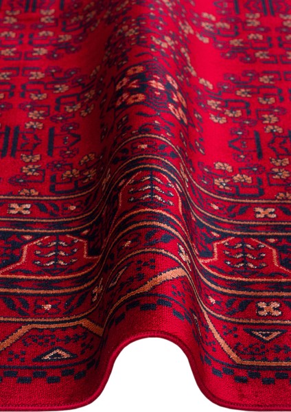 Buhara 04 Red Afgan Desenli Viskon ile Üretilen Parlak ve Yumuşak Doku, Tabanı Kaydırmaz Ince Halı modelleri