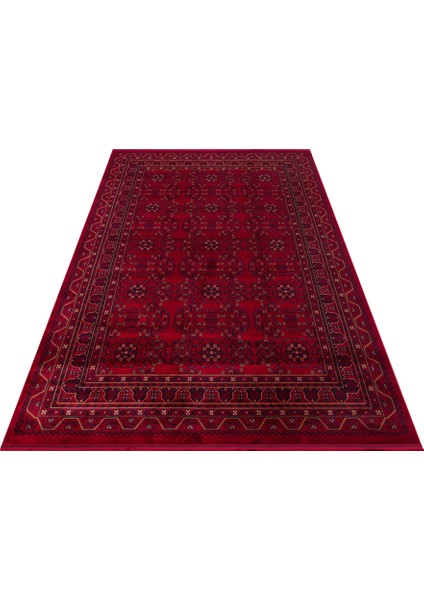 Buhara 04 Red Afgan Desenli Viskon ile Üretilen Parlak ve Yumuşak Doku, Tabanı Kaydırmaz Ince Halı