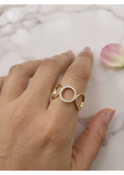 Ayarlanabilir Çelik Taşlı Geometrik Daire Yüzük – Gold Renk / Halo Motion Collection