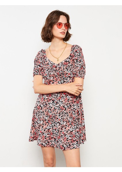 Yeni Sezon Kalp Yaka Çiçekli Kısa Kollu Elbise modelleri
