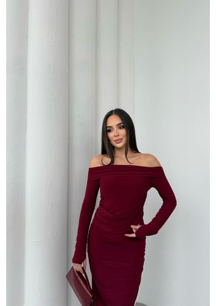 Kadın Drapeli Uzun Kollu Modonna Yaka Parmak Geçirmeli Büzgülü Detaylı Elbise fiyatları