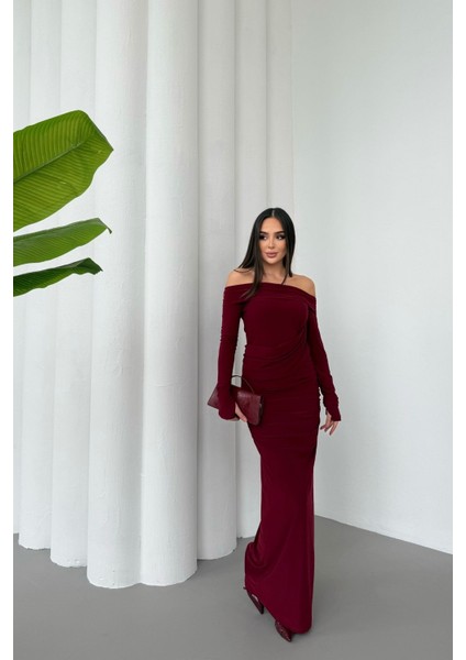 Kadın Drapeli Uzun Kollu Modonna Yaka Parmak Geçirmeli Büzgülü Detaylı Elbise modelleri