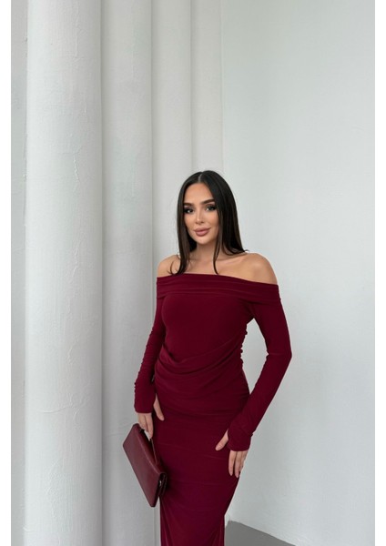 Kadın Drapeli Uzun Kollu Modonna Yaka Parmak Geçirmeli Büzgülü Detaylı Elbise indirimleri