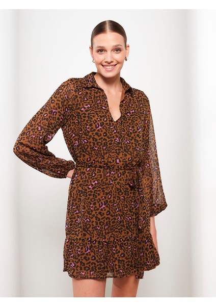 Yeni Sezon Gömlek Yaka Desenli Uzun Kollu Şifon Elbise modelleri