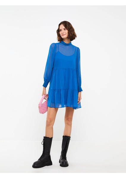 Yeni Sezon Dik Yaka Düz Uzun Kollu Şifon Elbise