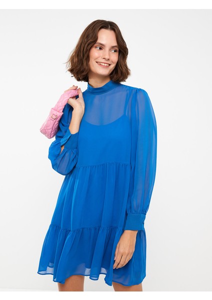 Yeni Sezon Dik Yaka Düz Uzun Kollu Şifon Elbise modelleri