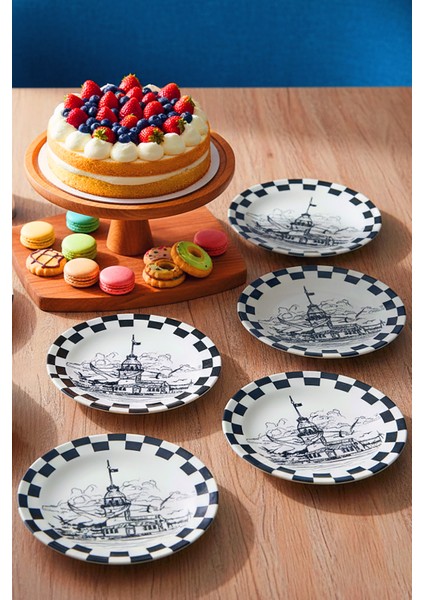6'lı Istanbul Galata Kulesi Desenli 20 cm Pasta Tabağı Seti – Şık Sunum Pasta Tatlı Tabakları