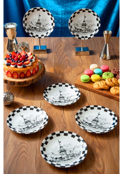6'lı Istanbul Galata Kulesi Desenli 20 cm Pasta Tabağı Seti – Şık Sunum Pasta Tatlı Tabakları modelleri