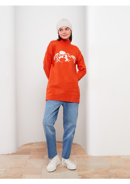 Yeni Sezon Yarım Balıkçı Yaka Desenli Uzun Kollu Kadın Triko Tunik modelleri