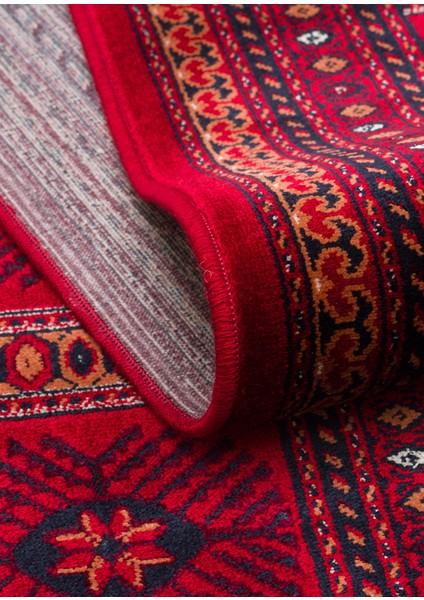 Buhara 03 Red Afgan Desenli Viskon ile Üretilen Parlak ve Yumuşak Doku, Tabanı Kaydırmaz Ince Halı