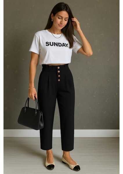 Mdb Kadın Yüksek Belli Önden Düğmeli Ithal Keten Pantolon