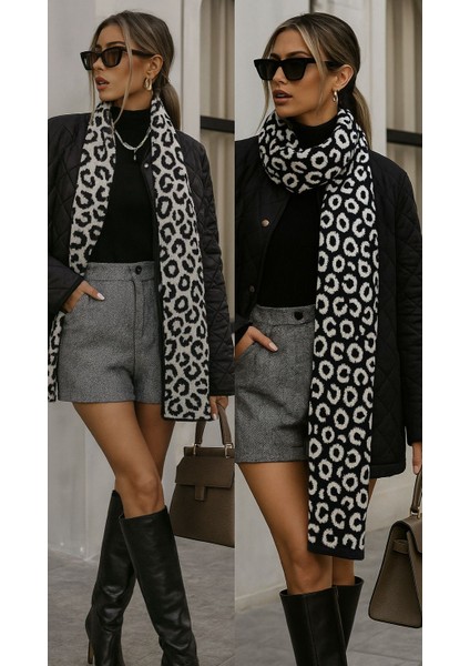 Kadın Leopar Desenli Çift Taraflı Triko Atkı modelleri