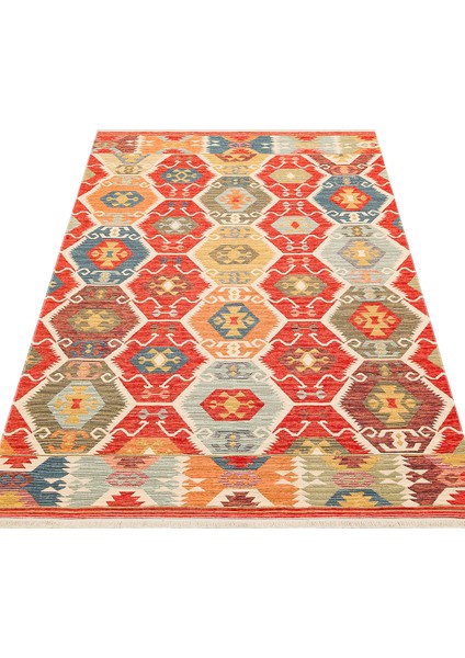 Ürgüp 06 Red %100 Pamuk ile Üretilen Etnik Desenlere Sahip Yıkanabilir Çift Taraflı Ince Yıkanabilir Kilim