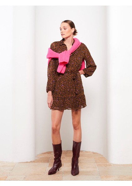 Yeni Sezon Gömlek Yaka Desenli Uzun Kollu Şifon Elbise