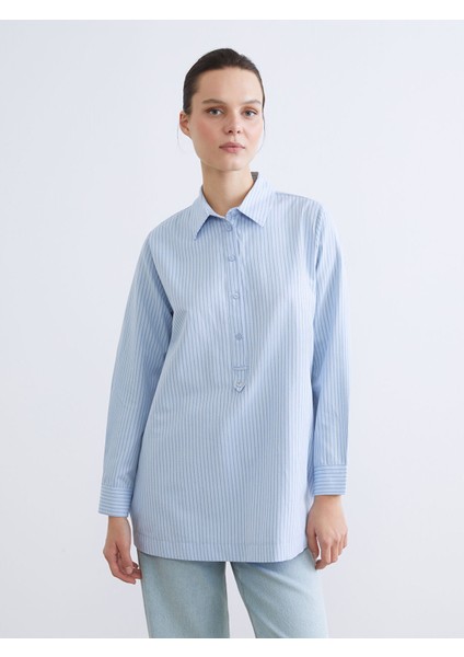 Yeni Sezon Gömlek Yaka Çizgili Poplin Kadın Tunik