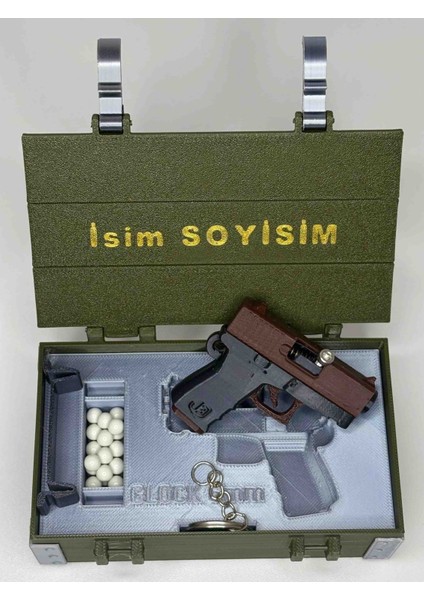 Hediyelik Kişiye Özel Silah Sandığı ve Bb Airsoft Mermisi Atan Glock Tabanca Anahtarlık