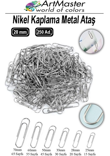 Metal Ataç 28MM 250 Li 1 Paket Nikel Kaplama 20 Sayfa Kapasiteli Metal Ataş Ofis Okul Büro Dayanıklı Paslanmaz