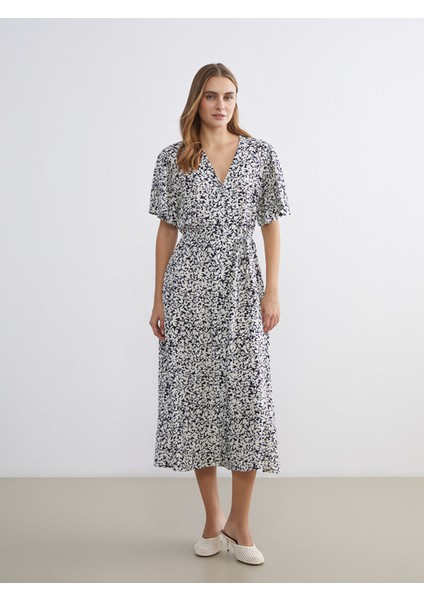 Yeni Sezon V Yaka Çiçekli Belden Oturtmalı Elbise