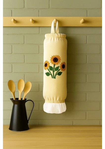 Poşetlik Bez Poşet Düzenleyici Organizer - 3D Baskı Çiçek Desenli Lastikli Mutfak Poşetlik Krem