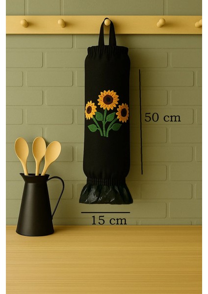 Poşetlik Bez Poşet Düzenleyici Organizer - 3D Baskı Siyah Çiçek Desenli Lastikli Mutfak Poşetlik