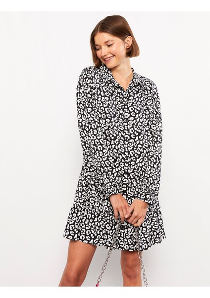 Yeni Sezon Gömlek Yaka Desenli Uzun Kollu Viskon Elbise