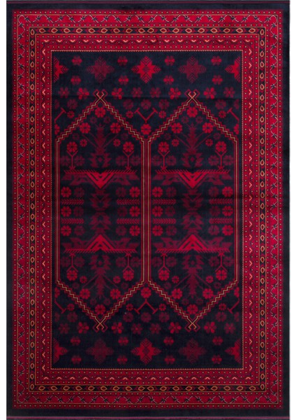 Buhara 01 Navy Afgan Desenli Viskon ile Üretilen Parlak ve Yumuşak Doku, Tabanı Kaydırmaz Ince Halı