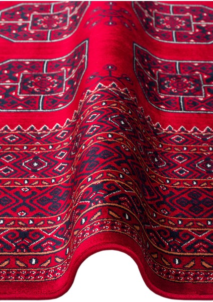 Buhara 02 Red Afgan Desenli Viskon ile Üretilen Parlak ve Yumuşak Doku, Tabanı Kaydırmaz Ince Halı modelleri