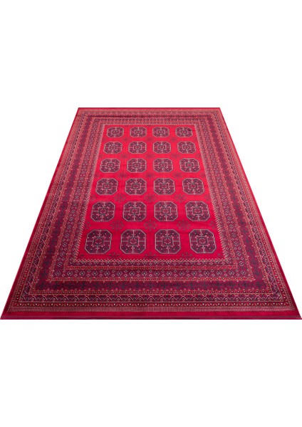 Buhara 02 Red Afgan Desenli Viskon ile Üretilen Parlak ve Yumuşak Doku, Tabanı Kaydırmaz Ince Halı