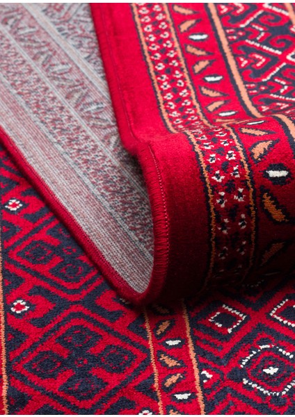 Buhara 02 Red Afgan Desenli Viskon ile Üretilen Parlak ve Yumuşak Doku, Tabanı Kaydırmaz Ince Halı