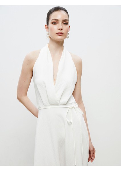 Yeni Sezon Halter Yaka Kuşaklı Saten Elbise fiyatları