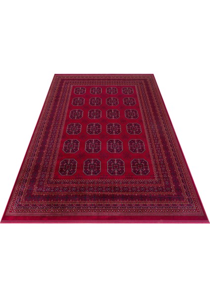 Buhara 02 Red Afgan Desenli Viskon ile Üretilen Parlak ve Yumuşak Doku, Tabanı Kaydırmaz Ince Halı