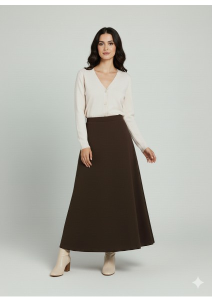 Scuba Uzun Kloş Etek Puf Scuba Kloş Etek Kahverengi Scuba Etek Tesettür Scuba Etek