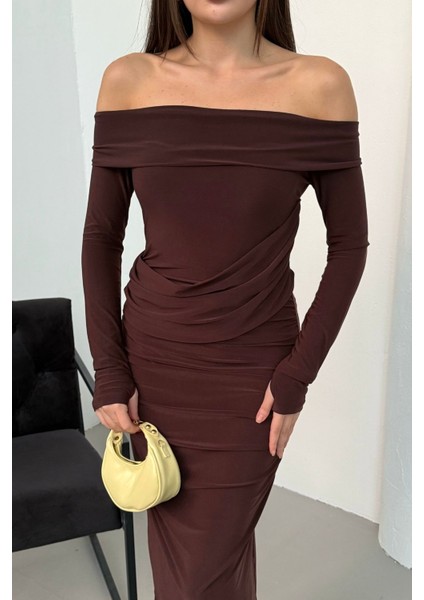 Kadın Drapeli Uzun Kollu Modonna Yaka Parmak Geçirmeli Büzgülü Detaylı Elbise