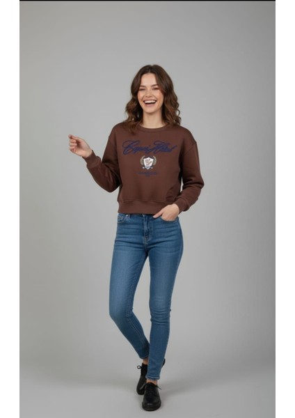 Kadın Kısa Kesim Şardonlu (Içi Polar) Baskılı Oversize Sweatshirt