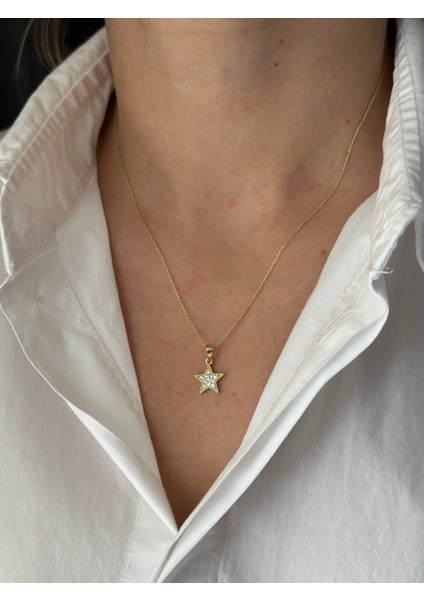 Gold Renk Çelik Taşlı Yıldız Kolye