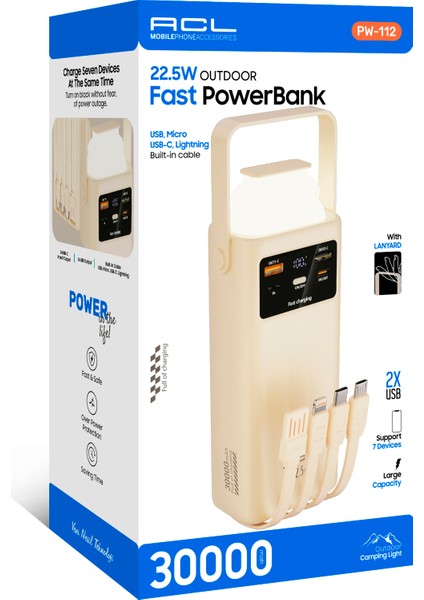 PW-112 22.5W Outdoor Hızlı Şarj Powerbank Beyaz – 30.000MAH Kapasite, Çoklu USB Çıkış, Dahili Kablolar, LED Ekran & Kamp Lambası